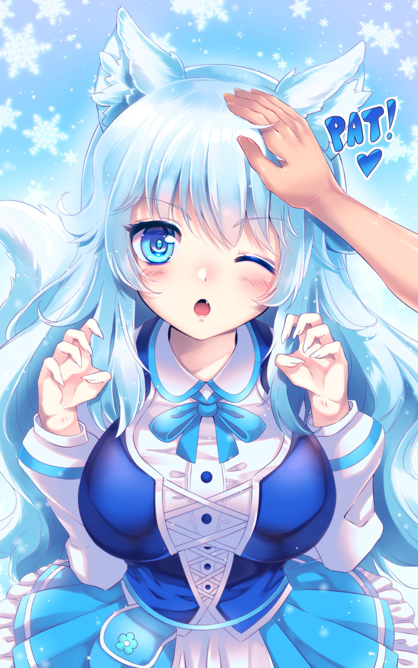 1girl absurdres animal_ears aqua_hair bangs blue_eyes breasts claw_pose commentary commission cross-laced_clothes english_text eyebrows_visible_through_hair facing_viewer fang fingernails hand_on_another's_head highres indie_virtual_youtuber large_breasts linnea_kataja long_hair looking_at_viewer lumi_(merryweather) one_eye_closed petting snow snowflakes solo_focus tail upper_body virtual_youtuber wolf_tail