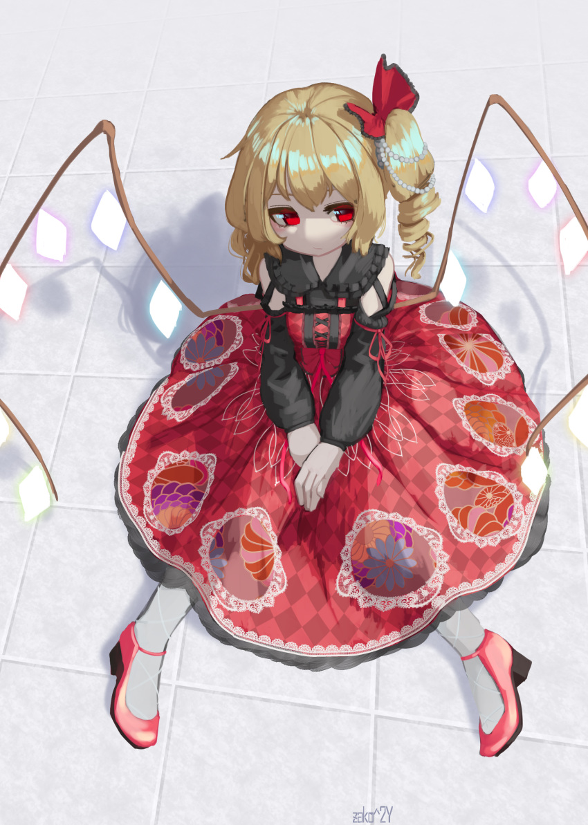1girl absurdres alternate_costume artist_name bangs blonde_hair bow checkered closed_mouth collared_dress commentary cross-laced_clothes crystal detached_sleeves dress dress_bow drill_hair expressionless eyebrows_behind_hair flandre_scarlet floral_print frilled_bow frilled_shirt_collar frills full_body glowing glowing_wings hair_bow highres knees_together_feet_apart lace-trimmed_skirt lace_trim lolita_fashion long_sleeves looking_away looking_to_the_side no_hat no_headwear no_pupils on_floor pale_skin pearl_(gemstone) pearl_hair_ornament ponytail pumps red_bow red_dress red_eyes red_footwear red_ribbon ribbon shadow side_ponytail sidelocks skirt sleeve_ribbon solo tile_floor tiles touhou white_legwear wings zakozako_y