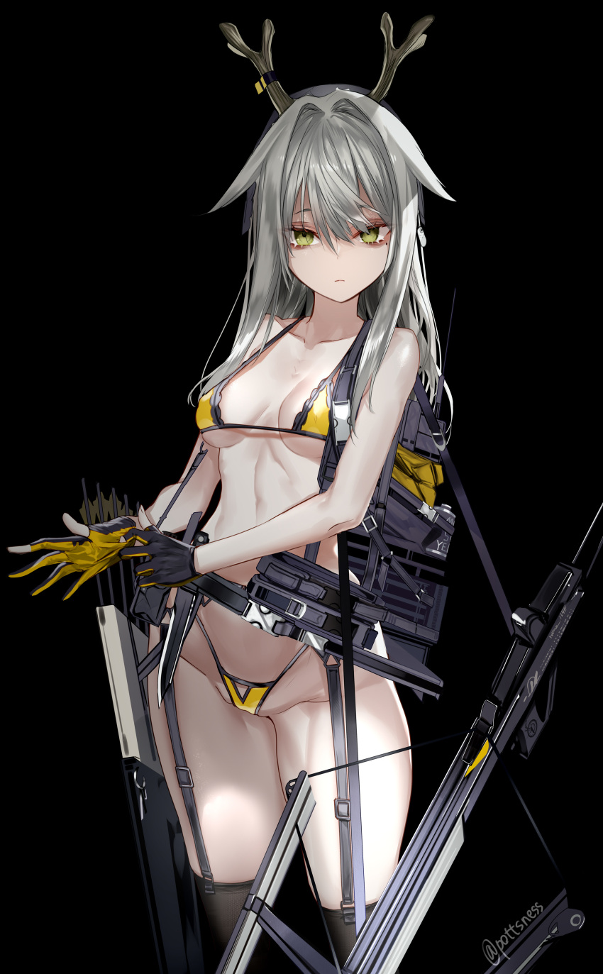 1girl absurdres antlers arknights arrow_(projectile) backpack bag bare_arms bare_shoulders bikini black_background black_legwear bow_(weapon) breasts closed_mouth collarbone compound_bow cowboy_shot expressionless firewatch_(arknights) firewatch_(wilted_cypress)_(arknights) garter_belt garter_straps gloves green_eyes groin hair_flaps hair_intakes highleg highleg_bikini highres long_hair looking_at_viewer mole mole_under_eye navel partially_fingerless_gloves pottsness quiver reindeer_antlers reindeer_girl silver_hair simple_background skindentation small_breasts solo standing stomach string_bikini swimsuit thigh-highs thighs weapon yellow_bikini