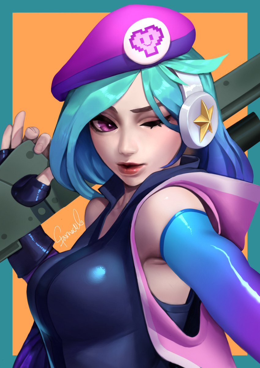 1girl arcade_caitlyn bare_shoulders beret blue_border blue_gloves blue_hair border breasts caitlyn_(league_of_legends) copyright_request elbow_gloves fingernails gloves gradient_gloves gun hand_up hat headphones highres holding holding_gun holding_weapon large_breasts league_of_legends one_eye_closed purple_gloves purple_headwear red_lips signature solo sparrowl upper_body violet_eyes weapon