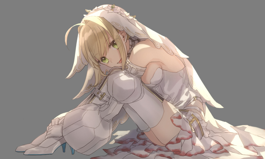 1girl akamakoto bangs bare_shoulders belt blonde_hair blush boots breasts bridal_veil chain detached_collar detached_sleeves elbow_gloves fate/extra fate/extra_ccc fate_(series) gloves green_eyes hair_between_eyes hair_intakes hands_up high_heel_boots high_heels knees_up large_breasts leotard lock long_hair looking_at_viewer nero_claudius_(bride)_(fate) nero_claudius_(fate)_(all) open_mouth padlock puffy_detached_sleeves puffy_sleeves sitting smile thigh-highs thigh_boots veil white_footwear white_gloves white_leotard white_sleeves zipper_pull_tab