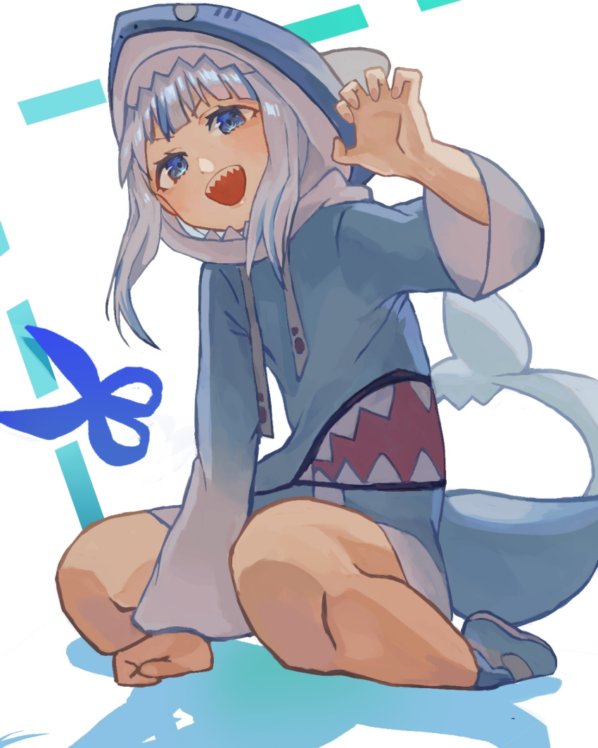 1girl animal_hood blue_eyes blue_footwear blue_hair blue_legwear blush claw_pose fingernails fish_tail gawr_gura grey_hair highres hololive hololive_english hood hood_up kanikama_jan kneeling light_blue_hair multicolored_hair open_mouth scissors shark_hood shark_tail sharp_teeth silhouette smile socks solo tail teeth upper_teeth virtual_youtuber