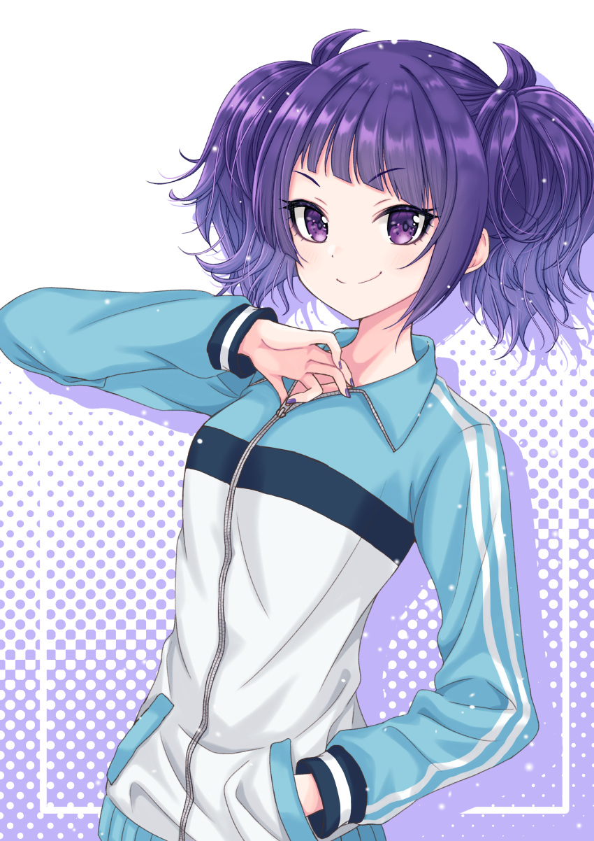 1girl absurdres arm_up bangs blush breasts closed_mouth diagonal_bangs eyebrows_visible_through_hair hand_in_pocket highres hiiragi_kei holding idolmaster idolmaster_shiny_colors jacket long_sleeves looking_at_viewer medium_breasts medium_hair purple_hair short_twintails smile solo tanaka_mamimi twintails violet_eyes