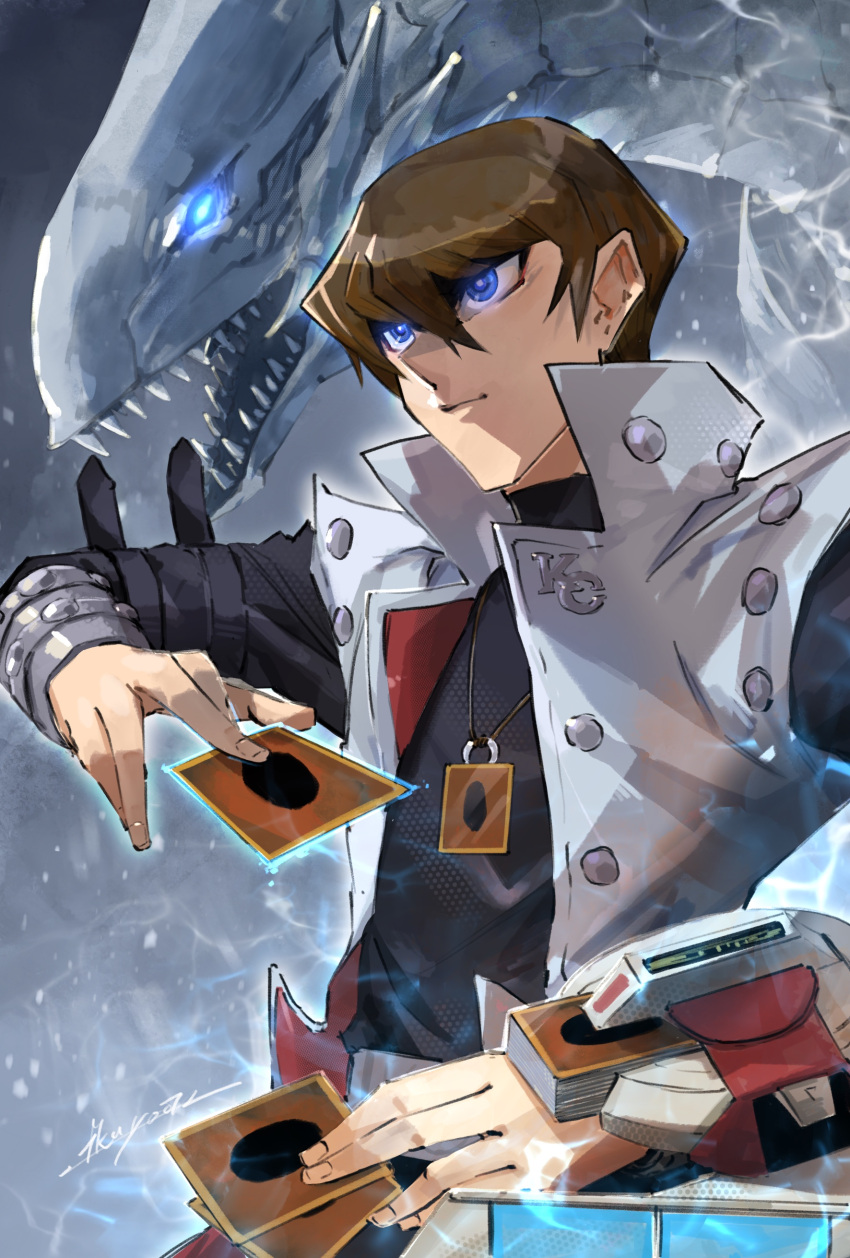 absurdres arm_belt aura blue-eyes_white_dragon blue_eyes brown_hair card closed_mouth coat deck dragon duel_disk fingernails glowing glowing_eyes hair_between_eyes highres holding holding_card ikuyoan jewelry kaiba_seto necklace open_clothes open_coat open_mouth sharp_teeth signature teeth white_coat yu-gi-oh!