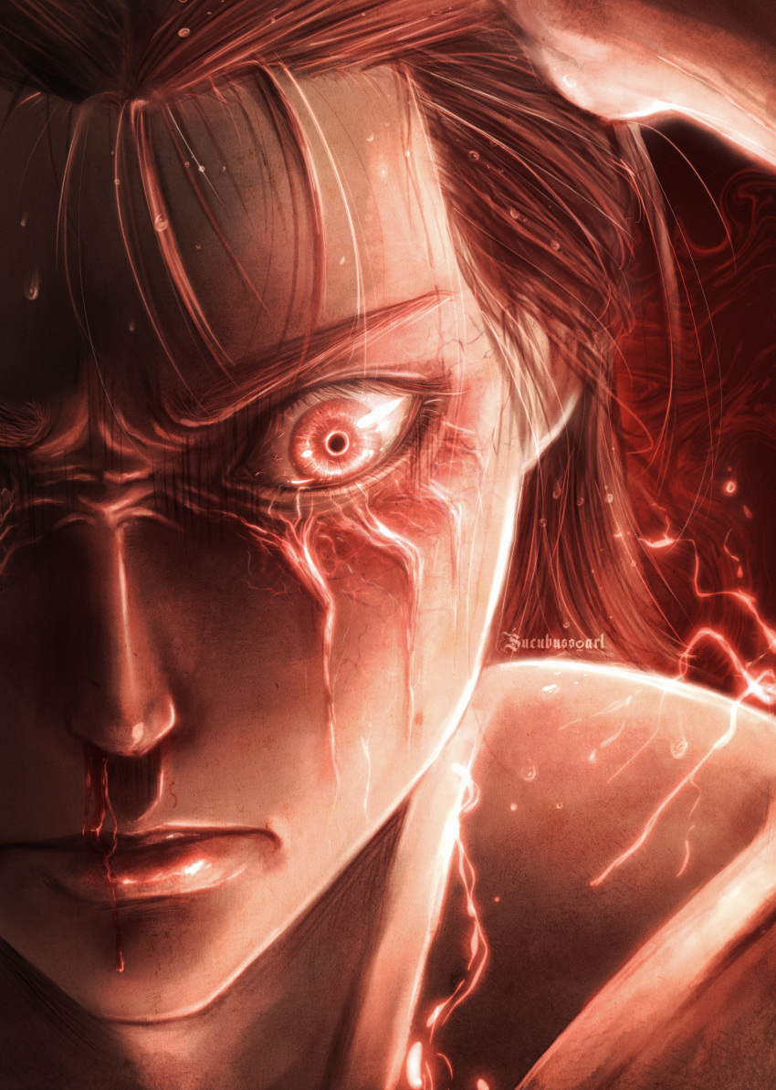 absurdres angry black_hair blood brown_hair close-up electricity eren_yeager facial_mark hair_pulled_back hair_slicked_back highres lightning long_hair muscular nosebleed realistic red_eyes scar scar_across_eye scar_on_cheek scar_on_face serious shingeki_no_kyojin shirtless sucubuss_art veins