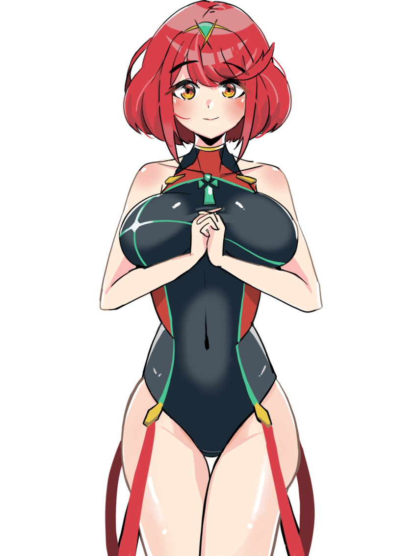 1girl arms_under_breasts asymmetrical_hair bangs bare_shoulders black_leotard blush breasts collarbone covered_navel cowboy_shot diadem dot_nose eyebrows eyebrows_visible_through_hair eyelashes female hands_together highres iruka large_breasts leotard looking_at_viewer navel pyra_(xenoblade) redhead shiny shiny_clothes shiny_hair shiny_skin short_hair simple_background smile solo solo_focus standing white_background xenoblade_chronicles_(series) xenoblade_chronicles_2 yellow_eyes