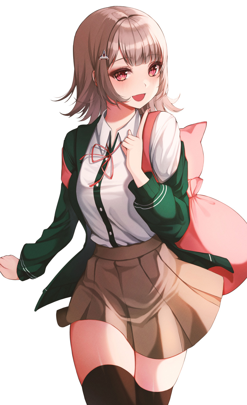 1girl absurdres ame_816 backpack bag bangs black_jacket blush breasts brown_hair collared_shirt commentary_request dangan_ronpa_(series) dangan_ronpa_2:_goodbye_despair dress_shirt flipped_hair hair_ornament hairclip hand_up highres hood huge_filesize jacket long_sleeves looking_at_viewer medium_hair nanami_chiaki neck_ribbon off_shoulder pink_eyes pink_ribbon ribbon shiny shiny_hair shirt shirt_tucked_in simple_background skirt smile solo thigh-highs white_background white_shirt zettai_ryouiki