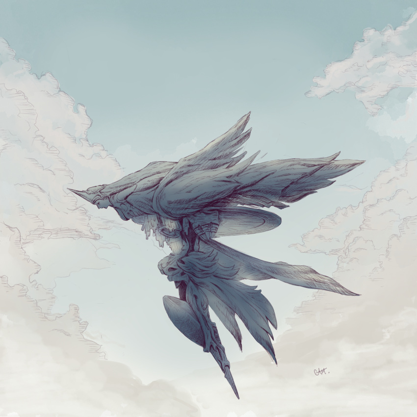 absurdres cam_(cammero95713700) clouds cloudy_sky crystal final_fantasy final_fantasy_xiv flying hatching_(texture) highres monster multiple_wings no_humans signature sky wings work_in_progress