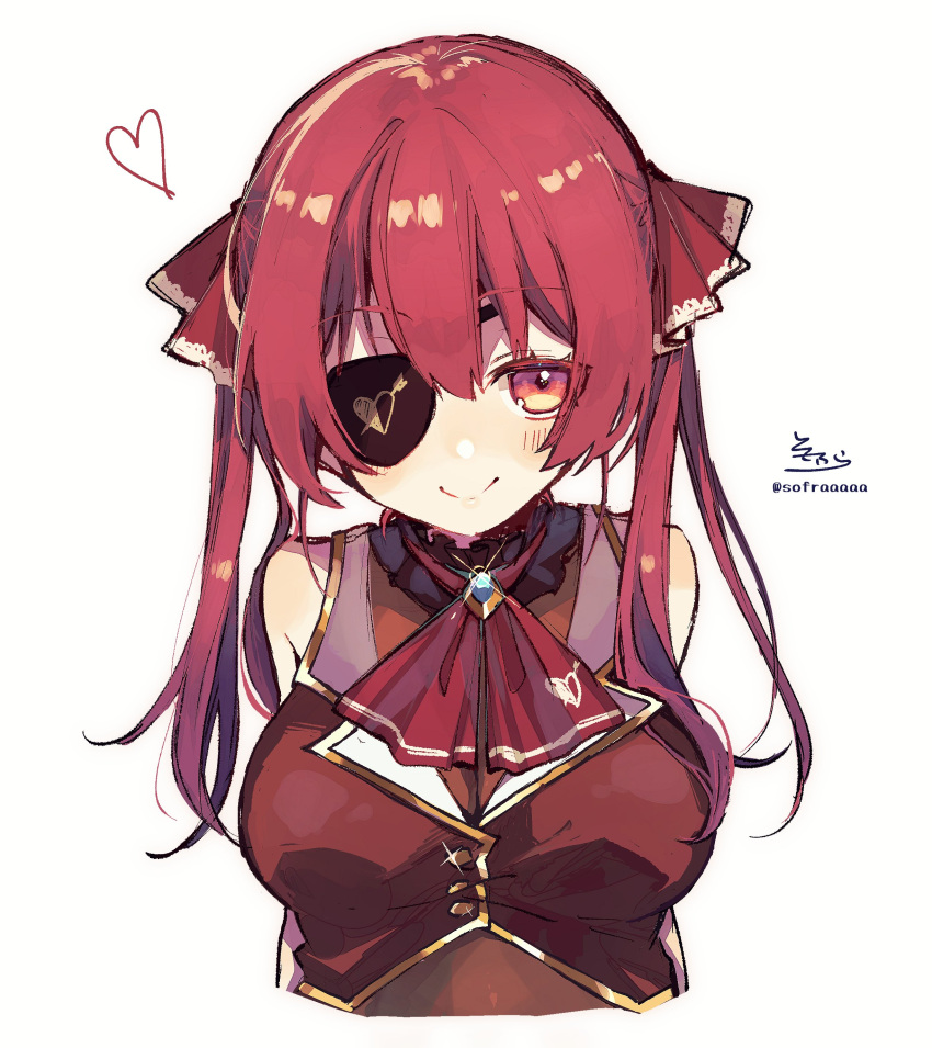 1girl absurdres arrow_(projectile) arrow_through_heart ascot bare_shoulders blush breasts brooch closed_mouth commentary_request cropped_torso eyepatch glint hair_ribbon heart highres hololive houshou_marine jewelry long_hair looking_at_viewer medium_breasts red_eyes red_neckwear red_ribbon red_shirt redhead ribbon shirt signature simple_background sleeveless sleeveless_shirt smile sofra solo twitter_username upper_body virtual_youtuber white_background