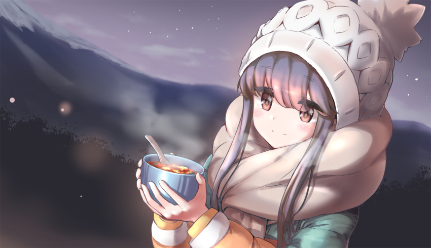 1girl blue_hair bowl brown_eyes eyebrows_visible_through_hair eyes_visible_through_hair food hat holding jacket long_hair n2midori night night_sky outdoors scarf shima_rin sky smile solo steam upper_body winter_clothes yurucamp