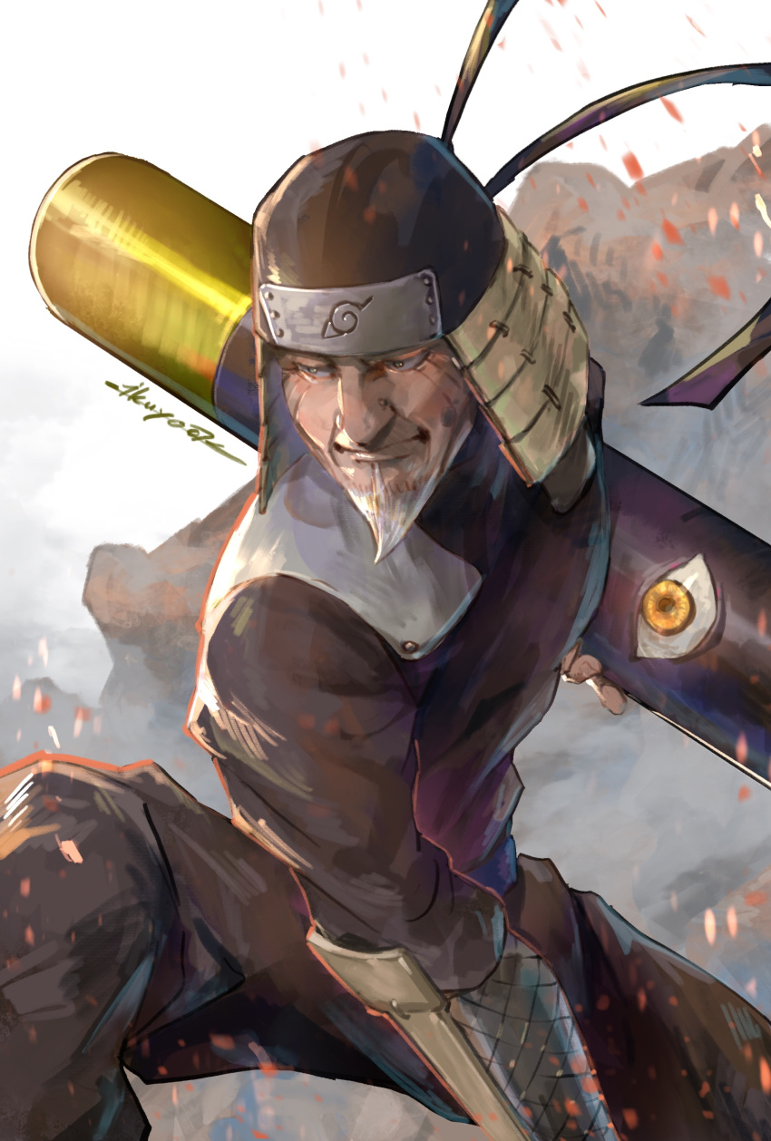 1boy absurdres armor closed_mouth embers facial_hair fishnets half-closed_eyes helmet highres holding holding_weapon ikuyoan naruto naruto_(series) old old_man one-eyed rock sarutobi_hiruzen signature smile solo staff vambraces weapon white_hair yellow_eyes