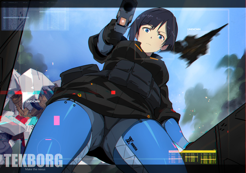 1girl absurdres aircraft airplane belt bird/binary black_hair blue_eyes breasts ciel_(bird/binary) clouds eyebrows_visible_through_hair fighter_jet flying gun handgun highres holding holding_gun holding_weapon jet kalavinka_(bird/binary) las91214 looking_at_viewer looking_down mecha medium_breasts military military_vehicle mole mole_under_eye pistol science_fiction short_hair sky solo thigh-highs utility_belt weapon