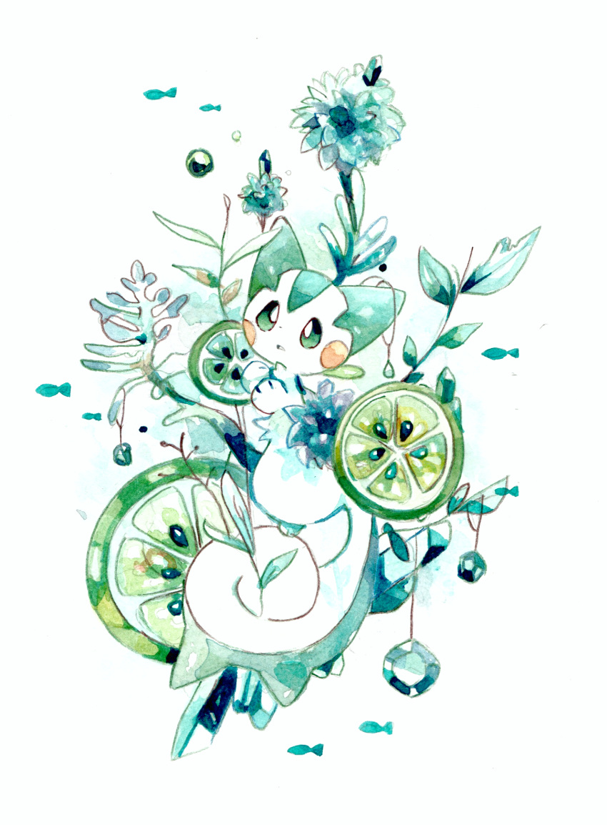 animal_focus blush_stickers bubble colored_sclera commentary crystal fish food fruit full_body gen_4_pokemon green_sclera highres kamonabe_(kamonabeekon) lime_(fruit) lime_slice looking_up no_humans pachirisu parted_lips pokemon pokemon_(creature) simple_background solo squirrel traditional_media watercolor_(medium) white_background white_eyes
