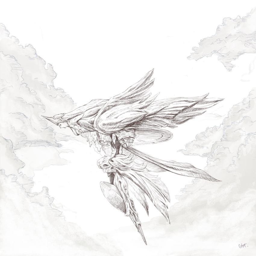 cam_(cammero95713700) clouds cloudy_sky crystal final_fantasy final_fantasy_xiv flying greyscale hatching_(texture) highres monochrome monster multiple_wings no_humans signature sketch sky wings