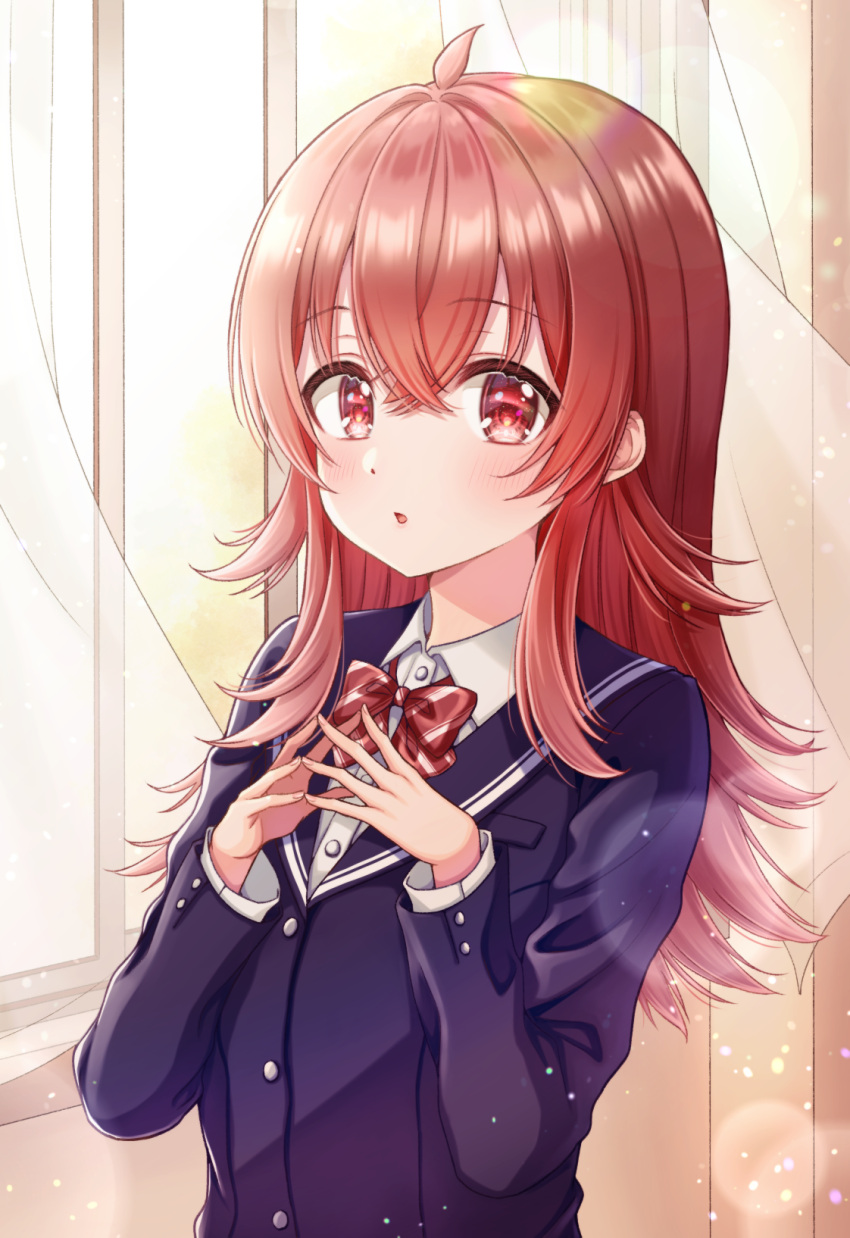 1girl ahoge bangs blush bow bowtie eyebrows_visible_through_hair hair_between_eyes hands_together hands_up highres hiiragi_kei idolmaster idolmaster_shiny_colors komiya_kaho long_hair long_sleeves looking_at_viewer open_mouth parted_lips red_bow red_eyes red_neckwear redhead school_uniform sidelocks solo