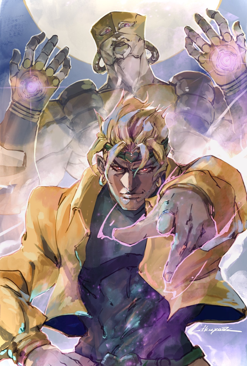 2boys belt blonde_hair bracelet closed_mouth covered_navel diffraction_spikes dio_brando earrings fingernails glowing headband heart highres ikuyoan jewelry jojo_no_kimyou_na_bouken moon multiple_boys outdoors pink_eyes pointing pointing_at_viewer red_eyes signature stand_(jojo) stardust_crusaders the_world