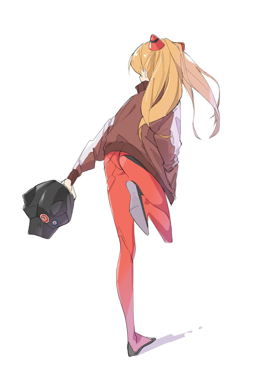 1girl back black_headwear brown_hair brown_jacket hand_in_pocket hat highres holding holding_clothes holding_hat jacket long_hair neon_genesis_evangelion plugsuit popman3580 shikinami_asuka_langley simple_background solo souryuu_asuka_langley twintails white_background