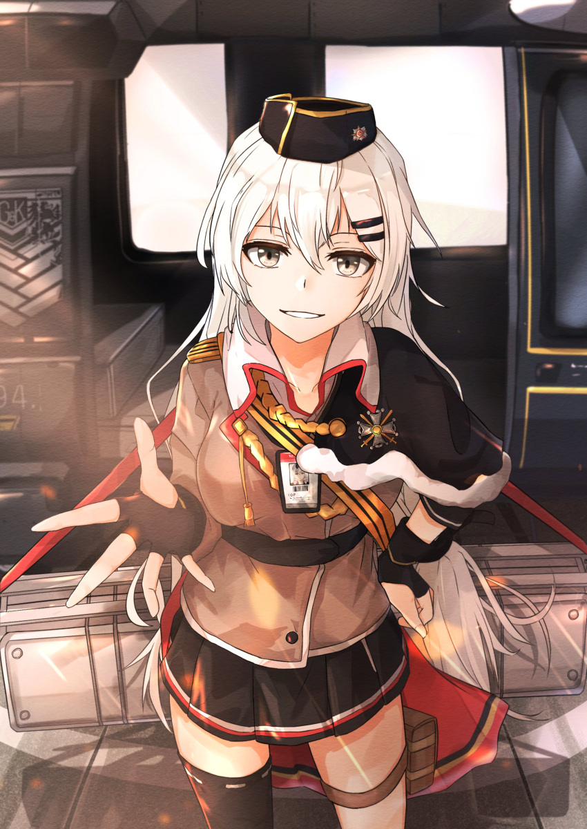 1girl absurdres aircraft asymmetrical_legwear fingerless_gloves girls_frontline gloves grey_eyes grifon_&amp;_kryuger gun_case hair_ornament hairclip hat helicopter highres long_hair medal muteppona_hito skirt smile solo svd_(girls_frontline) thigh-highs uh-60_blackhawk white_hair