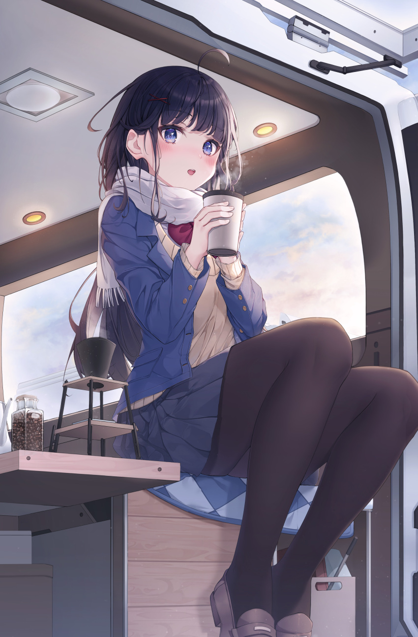 1girl :d absurdres ahoge black_hair black_legwear black_skirt blazer blue_eyes blue_jacket blush brown_footwear coffee_beans cup eyebrows_visible_through_hair hair_ornament hairclip highres holding holding_cup jacket keis_(locrian1357) loafers long_hair long_sleeves looking_at_viewer miniskirt open_clothes open_jacket open_mouth original pantyhose pleated_skirt red_neckwear scarf school_uniform shoes sitting skirt smile solo steam sweater_vest two-handed very_long_hair white_scarf x_hair_ornament