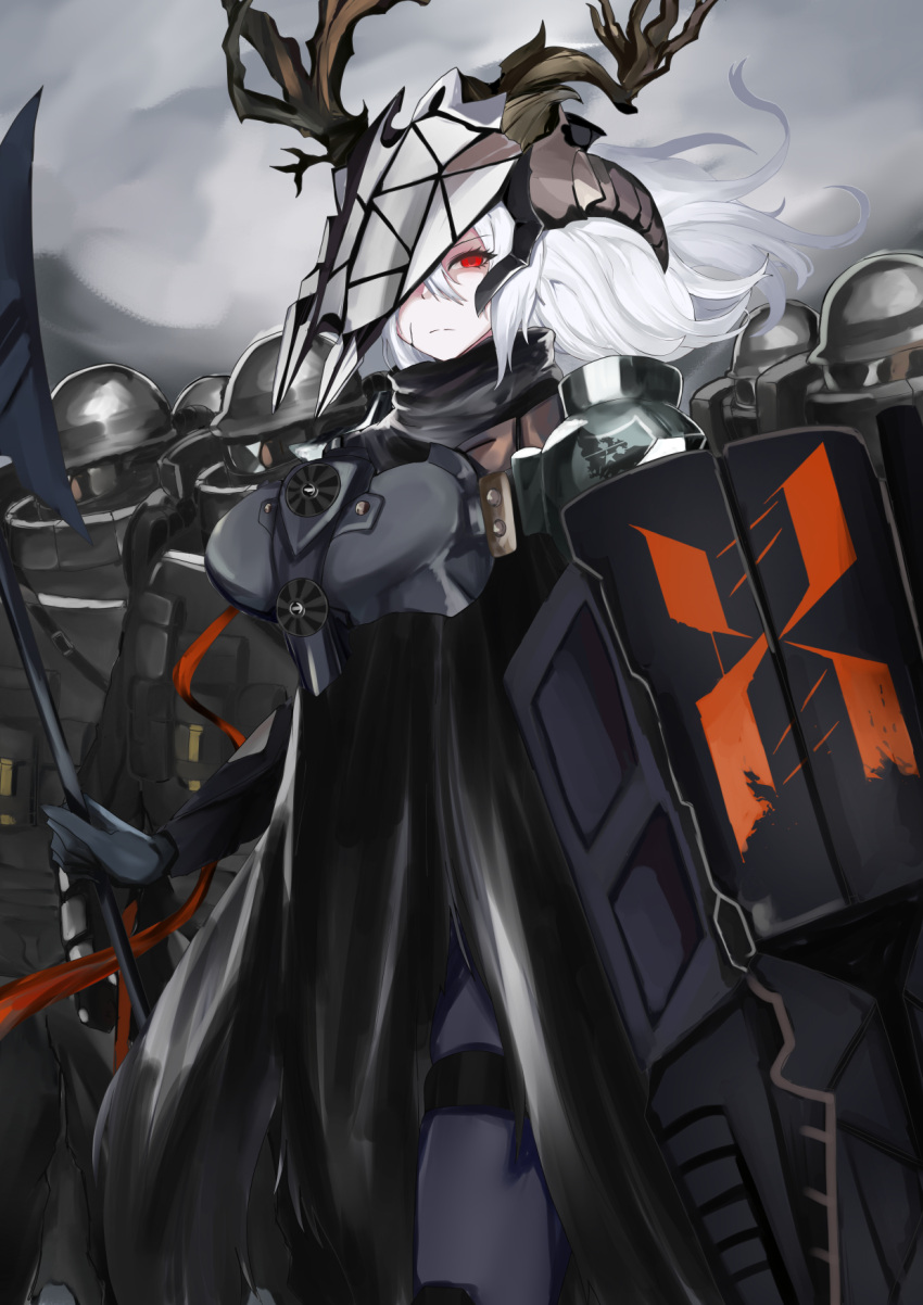 1girl 6+others arknights armor deer_antlers genderswap genderswap_(mtf) helmet highres holding holding_spear holding_weapon mask mask_removed multiple_others patriot_(arknights) polearm power_armor red_eyes reunion_logo_(arknights) reunion_soldier_(arknights) shield spear tall_female tian_kazuki weapon wendigo white_hair