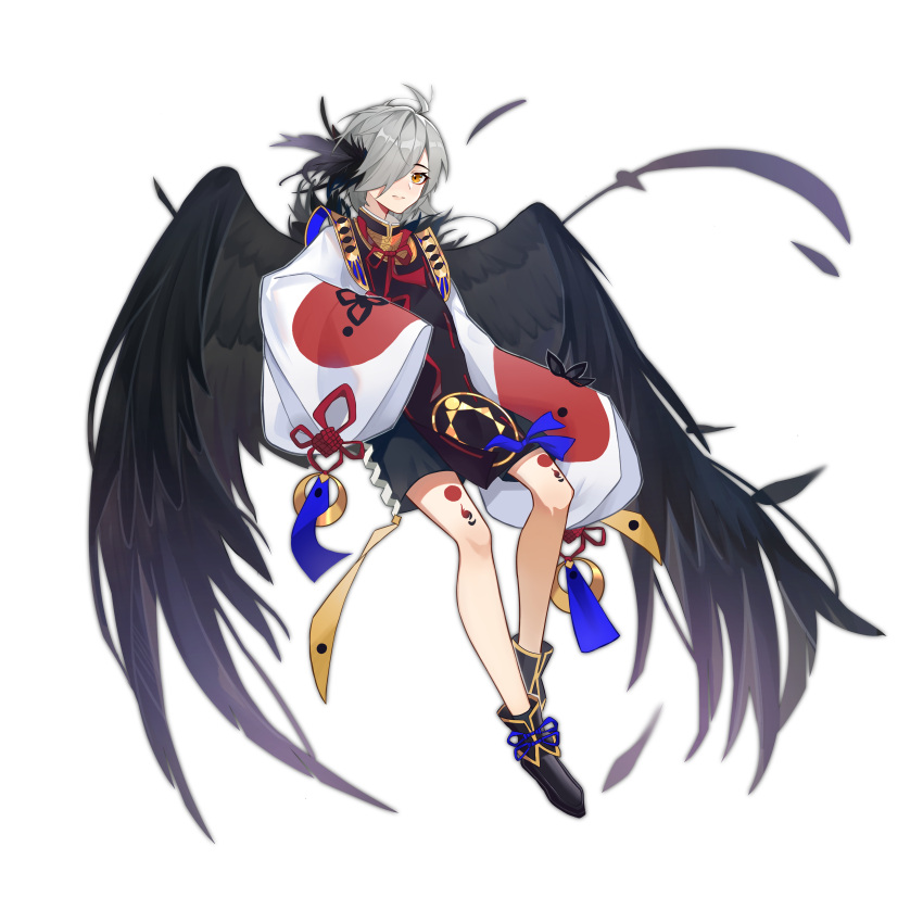 absurdres ahoge arknights black_feathers black_wings feathers grey_hair hair_over_one_eye highres lan_zhu_gu long_sleeves looking_at_viewer one_eye_covered red_ribbon ribbon short_hair simple_background tachi-e white_background wide_sleeves wings yellow_eyes