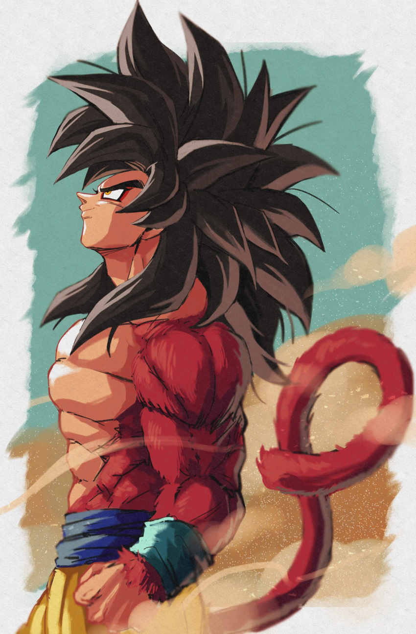bangs bare_pecs biceps black_hair body_fur closed_mouth debris dragon_ball dragon_ball_gt dust dust_cloud from_side highres looking_up monkey_boy monkey_tail no_nipples pants profile red_fur relio_db318 simple_background smile solo son_goku spiky_hair standing super_saiyan super_saiyan_4 tail yellow_pants
