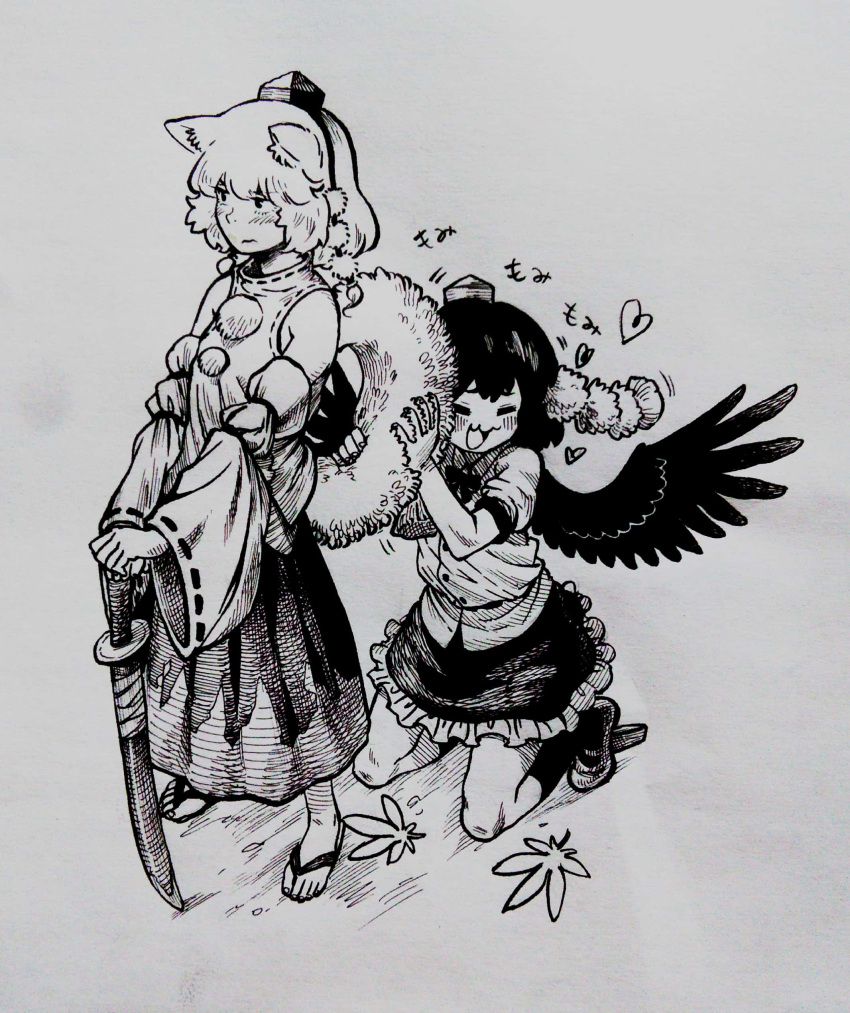 2girls :3 absurdres blush closed_eyes duplicate geta hat highres inubashiri_momiji kneeling monochrome multiple_girls sendai_(nazonomono) shameimaru_aya short_hair standing sword tail tail_hug tengu-geta tokin_hat touhou traditional_media weapon wings