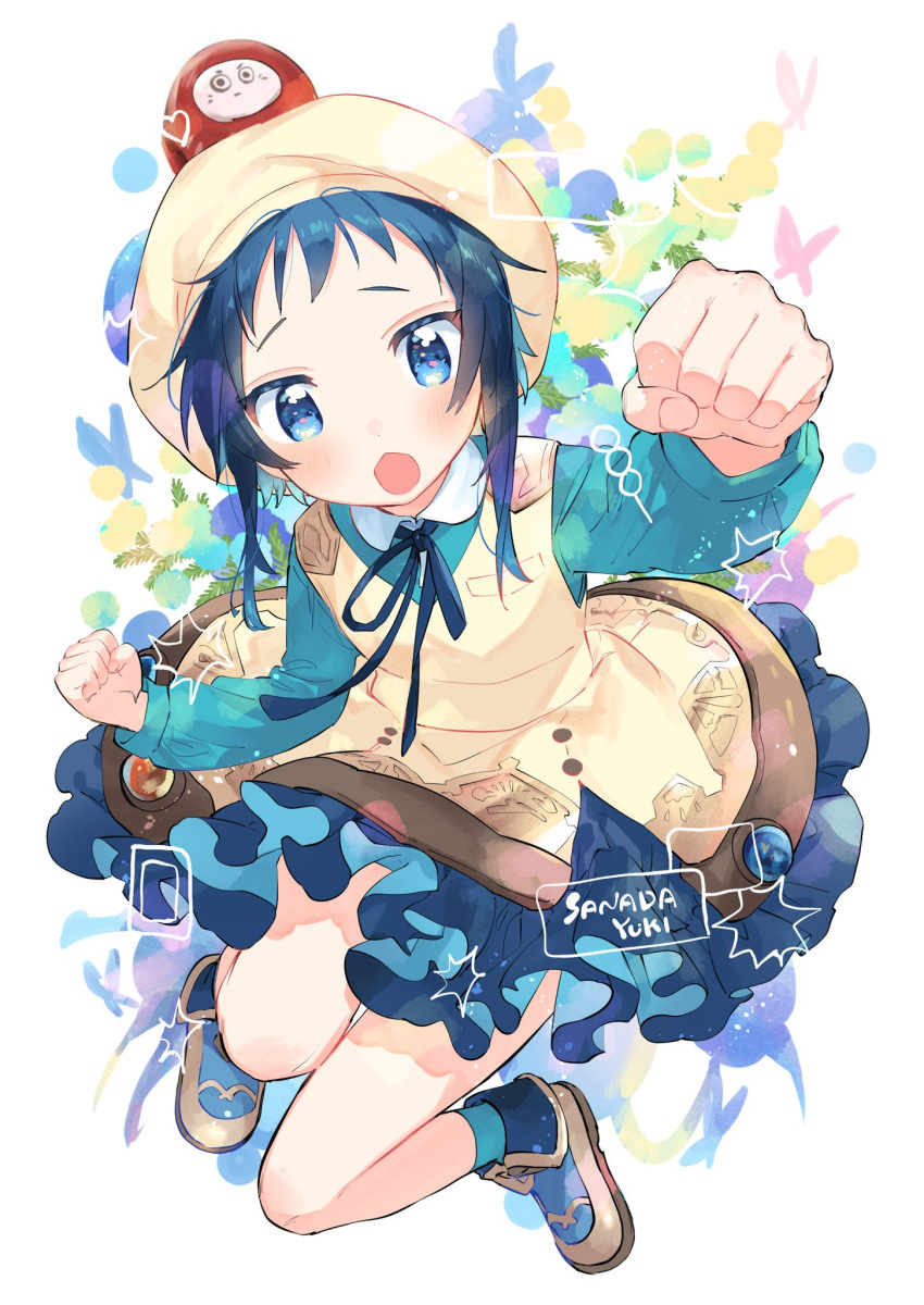 ankle_boots arm_up bangs beret black_hair blue_eyes blue_hair blue_shirt blush boots character_name chestnut_mouth clenched_hands dress embarrassed fist_pump full_body hat highres indie_virtual_youtuber jumping layered_dress long_sleeves pinafore_dress sanada_yuki_(vtuber) shirt short_hair sidelocks yellow_dress yellow_headwear zuho_(vega)