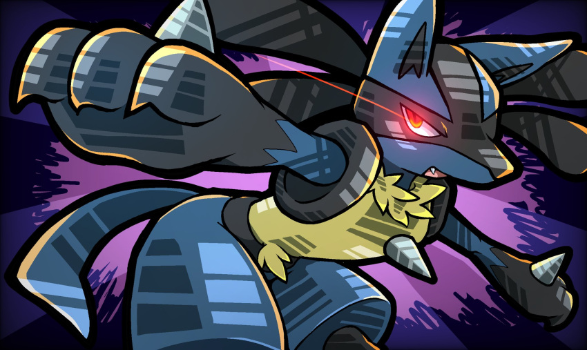 bent_over commentary_request fang gen_4_pokemon glowing glowing_eyes highres looking_to_the_side lucario meruru_gu no_humans open_mouth outstretched_arms pokemon pokemon_(creature) red_eyes spikes yellow_fur