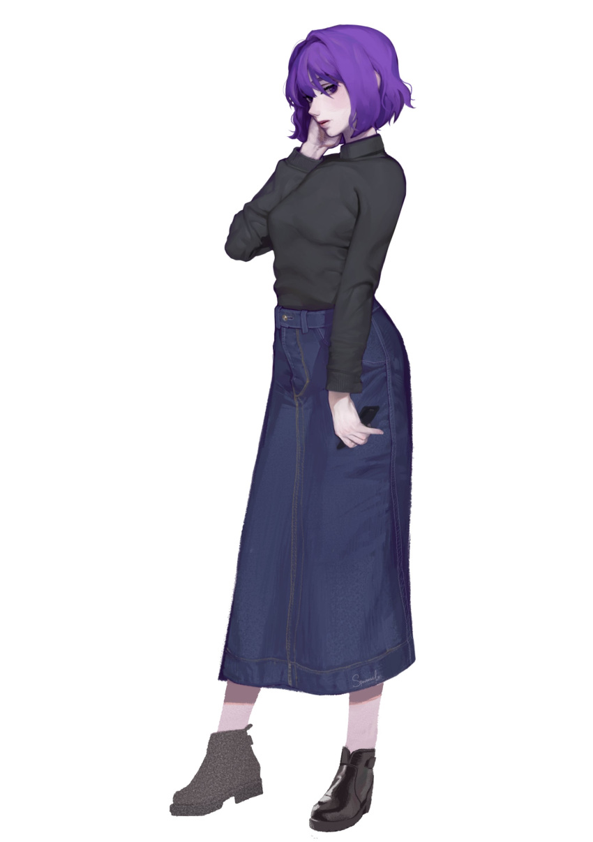 1girl absurdres ankle_boots black_footwear black_sweater blue_skirt bob_cut boots breasts closed_mouth denim denim_skirt full_body hand_in_hair hand_up high_heel_boots high_heels highres holding long_skirt long_sleeves looking_at_viewer medium_breasts medium_hair original purple_hair simple_background skirt solo sparrowl sweater violet_eyes white_background