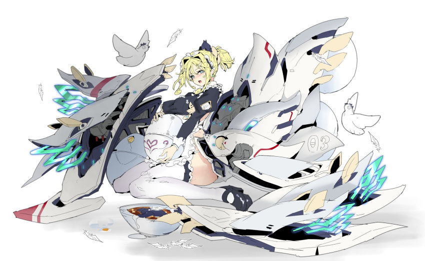 1girl :o bangs bird blonde_hair blue_eyes blush chicken chinese_commentary egg highres holding holding_egg looking_at_viewer mechanical_wings open_mouth original platform_footwear platform_heels ponytail sidelocks sitting solo thigh-highs tied_hair white_background wings zhu_fun