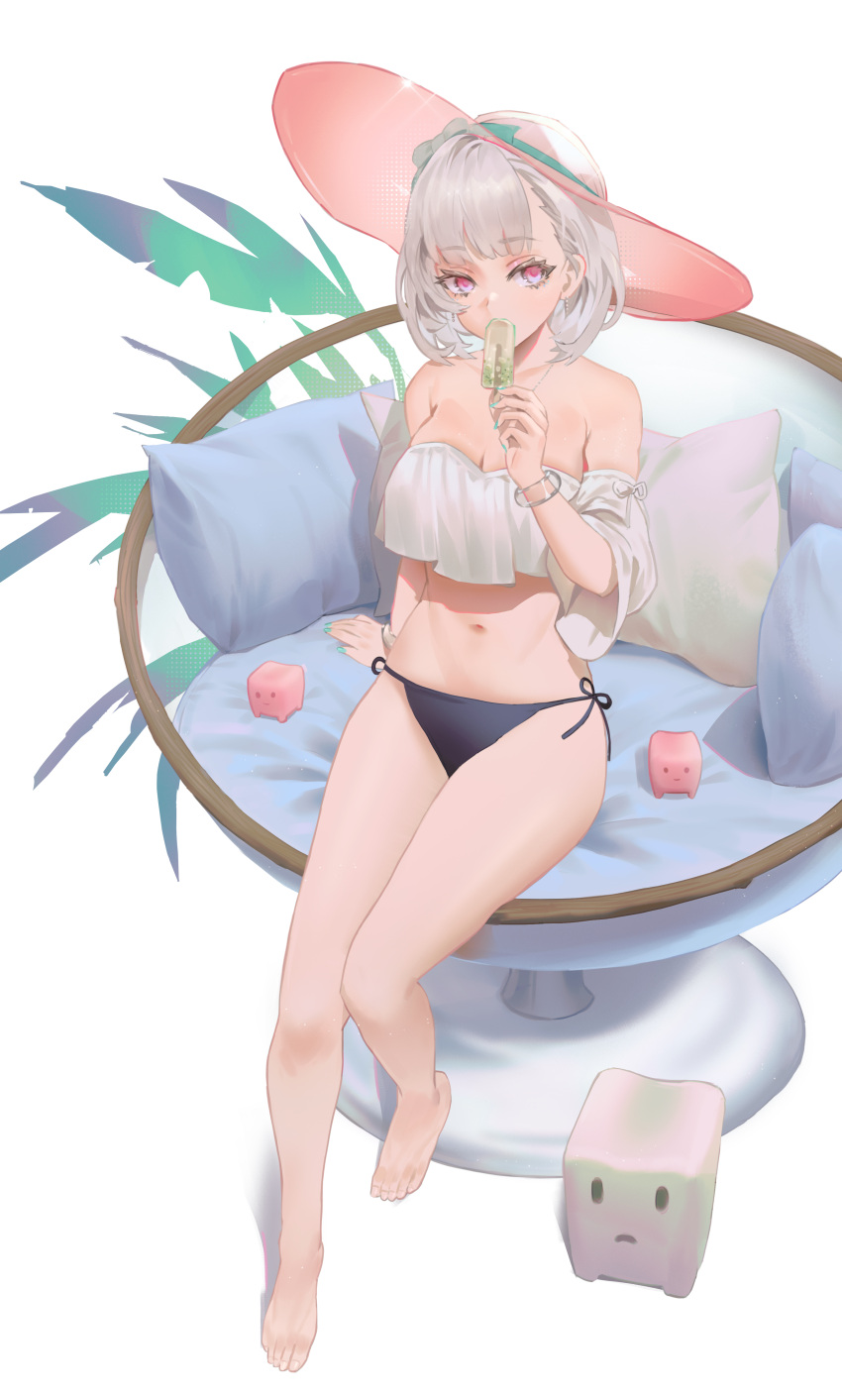 1girl absurdres bare_arms bare_legs bare_shoulders barefoot bikini bikini_bottom bikini_top black_panties cirilla couch feet food hat highres holding holding_food ice_cream looking_at_viewer navel original panties pillow red_eyes red_headwear short_hair silver_hair swimsuit swimwear underwear