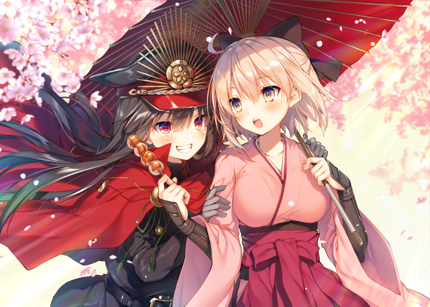 2girls ahoge belt black_belt black_bow black_coat black_hair blush bow breasts cape cherry_blossoms coat dango fate_(series) flower food hair_bow hakama holding holding_food holding_umbrella hug hug_from_behind japanese_clothes koha-ace large_breasts long_hair long_sleeves multiple_girls oda_nobunaga_(fate) oda_nobunaga_(fate)_(all) oil-paper_umbrella okita_souji_(fate) okita_souji_(fate)_(all) open_mouth pink_flower pink_hair red_cape red_eyes red_hakama red_skirt skirt smile standing toosaka_asagi umbrella upper_teeth wagashi wide_sleeves