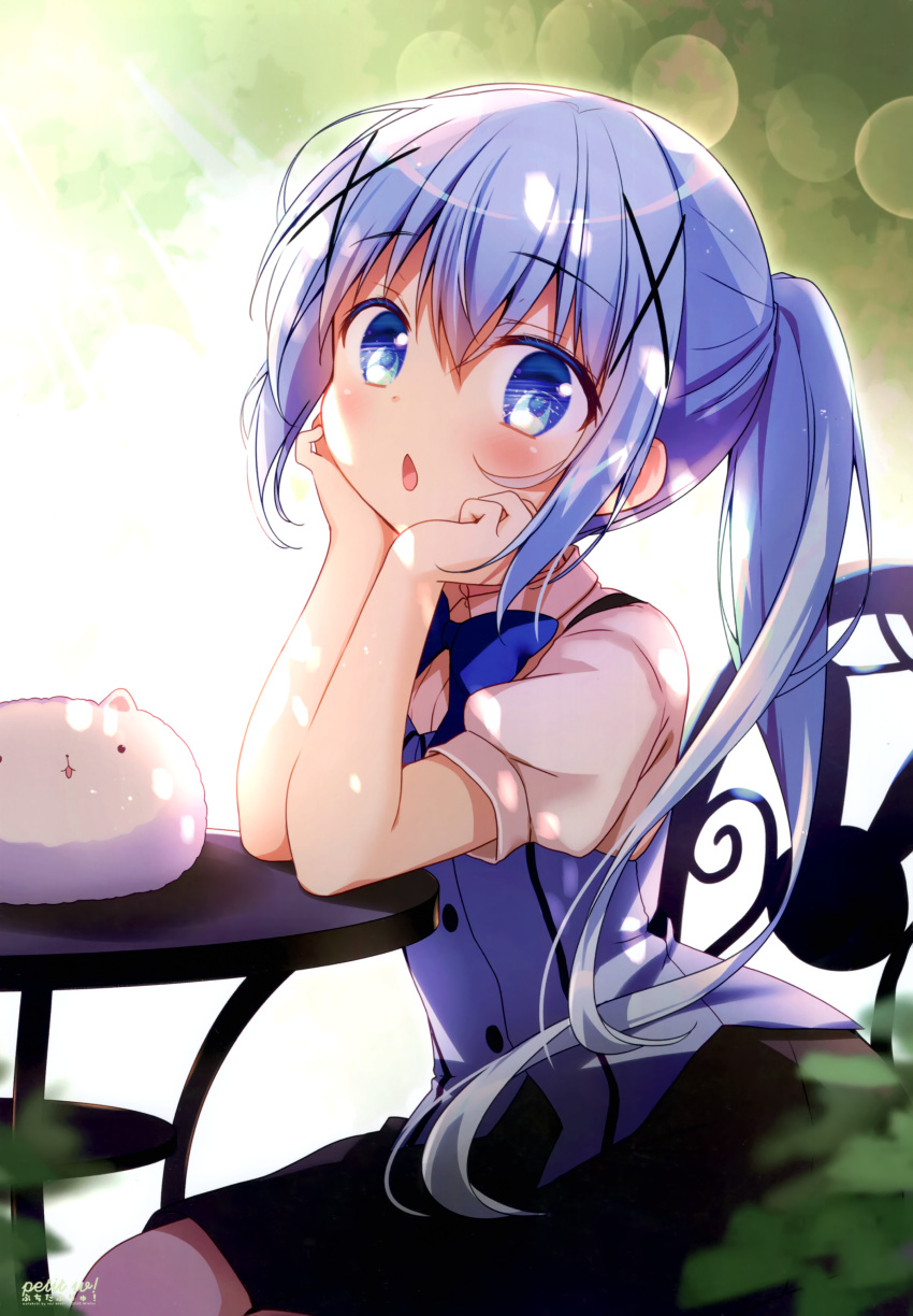 1girl absurdres bangs black_skirt blue_eyes blue_hair blue_vest blush chestnut_mouth eyebrows_visible_through_hair gochuumon_wa_usagi_desu_ka? hair_between_eyes hair_ornament head_rest highres kafuu_chino lens_flare long_hair medium_skirt open_mouth ponytail rabbit rabbit_house_uniform sasai_saji shiny shiny_hair shirt short_sleeves sitting skirt solo tippy_(gochiusa) vest white_shirt x_hair_ornament