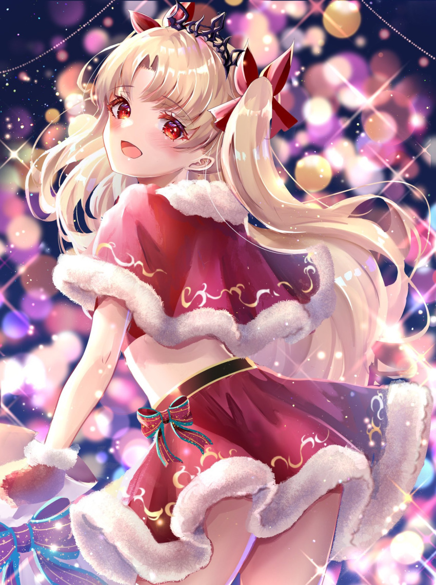 1girl bangs black_headwear blonde_hair blurry blush bokeh capelet chiachun0621 christmas commentary cowboy_shot depth_of_field ereshkigal_(fate/grand_order) eyebrows_visible_through_hair fate/grand_order fate_(series) from_behind fur-trimmed_capelet fur-trimmed_skirt fur_trim gloves hair_ribbon highres holding holding_sack leaning_forward light_particles long_hair looking_at_viewer looking_away midriff miniskirt open_mouth parted_bangs red_capelet red_eyes red_gloves red_ribbon red_skirt ribbon sack santa_costume santa_gloves skirt smile solo sparkle standing thighs tiara twintails