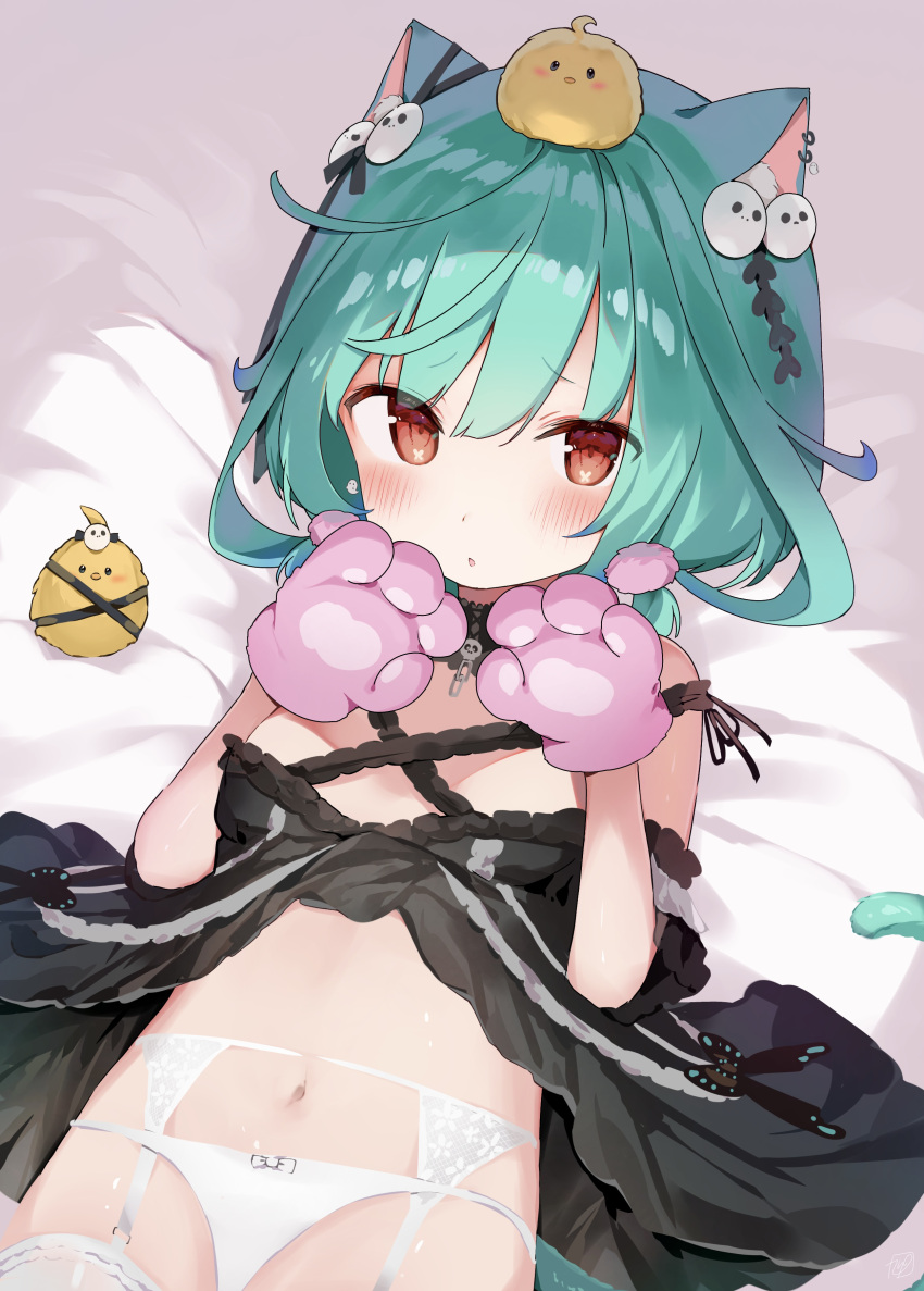 1girl absurdres animal_ears blush cat_ears cat_paws garter_straps green_hair hair_ornament highres hololive hololive_fantasy looking_at_viewer panties paws red_eyes sinnop10 skull_collar skull_hair_ornament solo thigh-highs underwear uruha_rushia virtual_youtuber