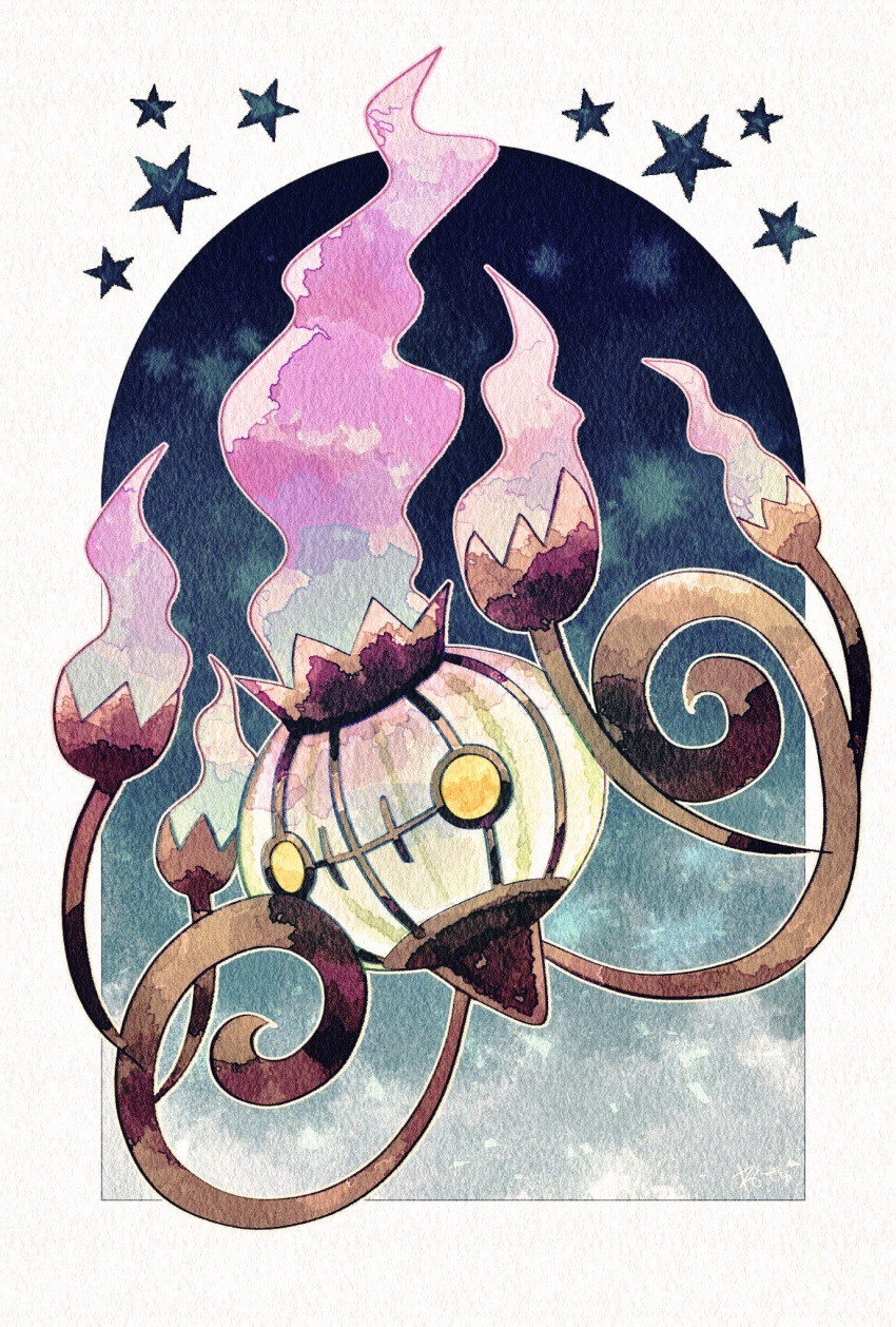 chandelier chandelure commentary_request fire full_body gen_5_pokemon highres neejyu no_humans no_pupils pokemon pokemon_(creature) purple_fire star_(symbol) yellow_eyes