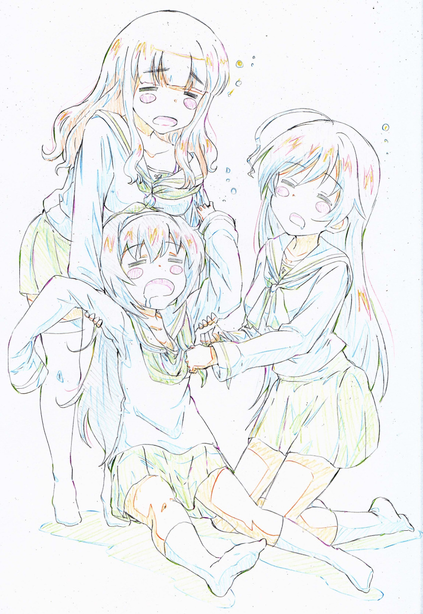 3girls absurdres ahoge bangs blouse blunt_bangs closed_eyes color_trace colored_pencil_(medium) commentary eyebrows_visible_through_hair facing_viewer frown girls_und_panzer hairband highres isuzu_hana kitazinger kneeling leaning_forward lifting_person long_hair long_sleeves miniskirt multiple_girls neckerchief no_shoes ooarai_school_uniform open_mouth pleated_skirt reizei_mako saliva school_uniform serafuku shadow sitting skirt sleepy sleeves_past_fingers sleeves_past_wrists socks standing takebe_saori thigh-highs traditional_media