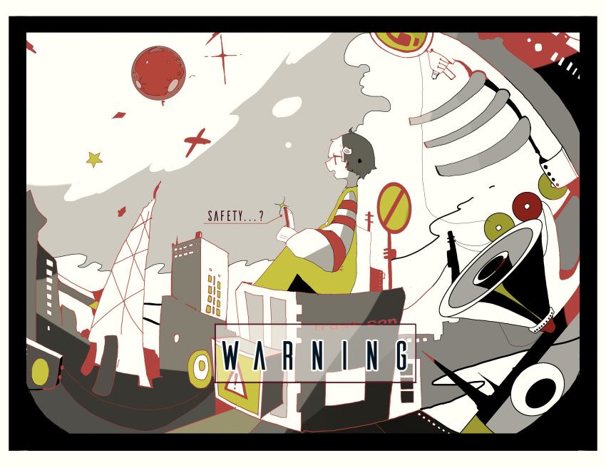 ! 1boy absurdres bangs black_border border building cellphone clouds commentary english_text fisheye from_side full_moon glint grey_hair hair_ornament hairpin highres holding holding_phone kamonabe_(kamonabeekon) knees_up long_sleeves male_focus marumaru_no_shuyaku_wa_wareware_da! moon muted_color night open_mouth outdoors overalls phone profile radio_tower red_eyes red_shirt road_sign shaoron shirt short_hair sign sitting skyscraper smartphone solo speaker star_(symbol) striped striped_shirt utility_pole white_border