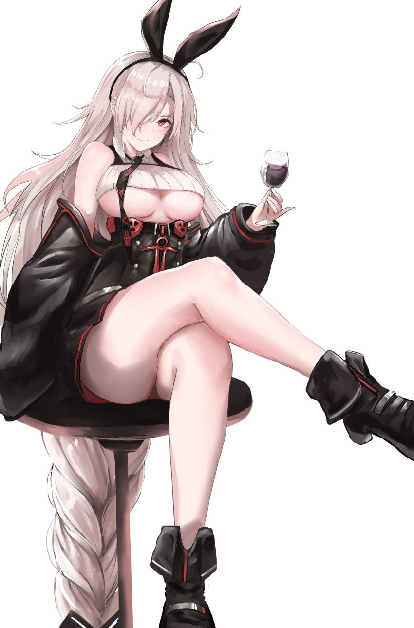 1girl alcohol ankle_boots azur_lane bangs bare_shoulders black_footwear black_hairband black_sleeves blush boots breasts chair closed_mouth collared_shirt crop_top crossed_legs cup detached_sleeves drinking_glass english_commentary eyebrows_behind_hair hair_between_eyes hairband high-waist_skirt highres holding holding_cup iron_cross large_breasts liaowen long_hair looking_at_viewer necktie pleated_skirt prinz_heinrich_(azur_lane) red_eyes ribbed_shirt shirt sidelocks silver_hair simple_background sitting skirt sleeveless sleeveless_shirt smile solo under_boob very_long_hair white_background wine wine_glass