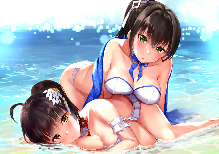 2girls absurdres ahoge akagi_(blue_oath) ass bangs bare_shoulders bent_over bikini bikini_skirt black_hair blue_neckwear blue_oath blue_sky blunt_bangs breast_press breast_rest breasts choker closed_mouth collarbone day detached_collar eyebrows_visible_through_hair feet_out_of_frame green_eyes hair_ornament hair_ribbon high_ponytail highres kaga_(blue_oath) large_breasts long_hair long_sleeves looking_at_viewer lying multiple_girls neck_ribbon ocean on_side open_mouth outdoors parted_lips ribbon sg_(esujii) sidelocks sky smile sparkle swimsuit swimwear very_long_hair wading water white_bikini white_choker white_ribbon yellow_eyes yuri