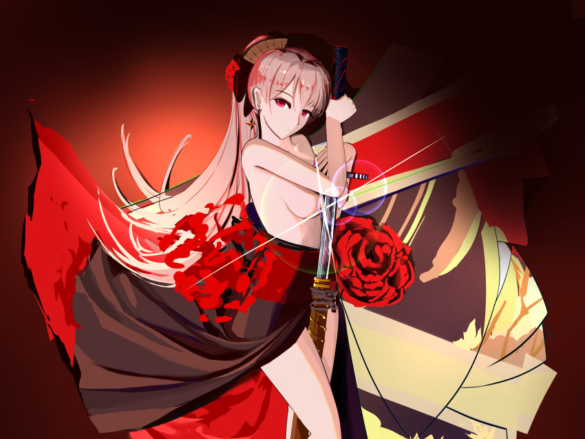 1girl absurdres artist_request azur_lane backless_kimono backless_outfit breasts earrings flower highres jean_bart_(azur_lane) jean_bart_(first_snow_upon_the_cutlass's_edge)_(azur_lane) jewelry light_brown_hair long_hair medium_breasts red_eyes red_flower red_sash sash sheath sword unsheathing very_long_hair weapon