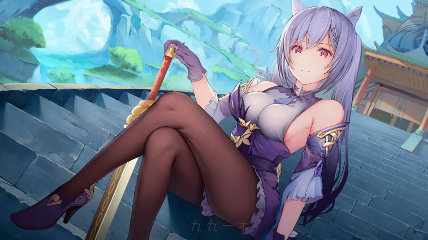 1girl absurdres bare_shoulders braid breasts clouds crossed_legs day detached_sleeves double_bun dress frilled_dress frilled_sleeves frills full_body genshin_impact hair_bun hair_ornament high_heels highres keqing_(genshin_impact) legs medium_breasts mountain outdoors pantyhose purple_hair rafael-m sideboob sitting sky solo stairs sword twintails violet_eyes weapon