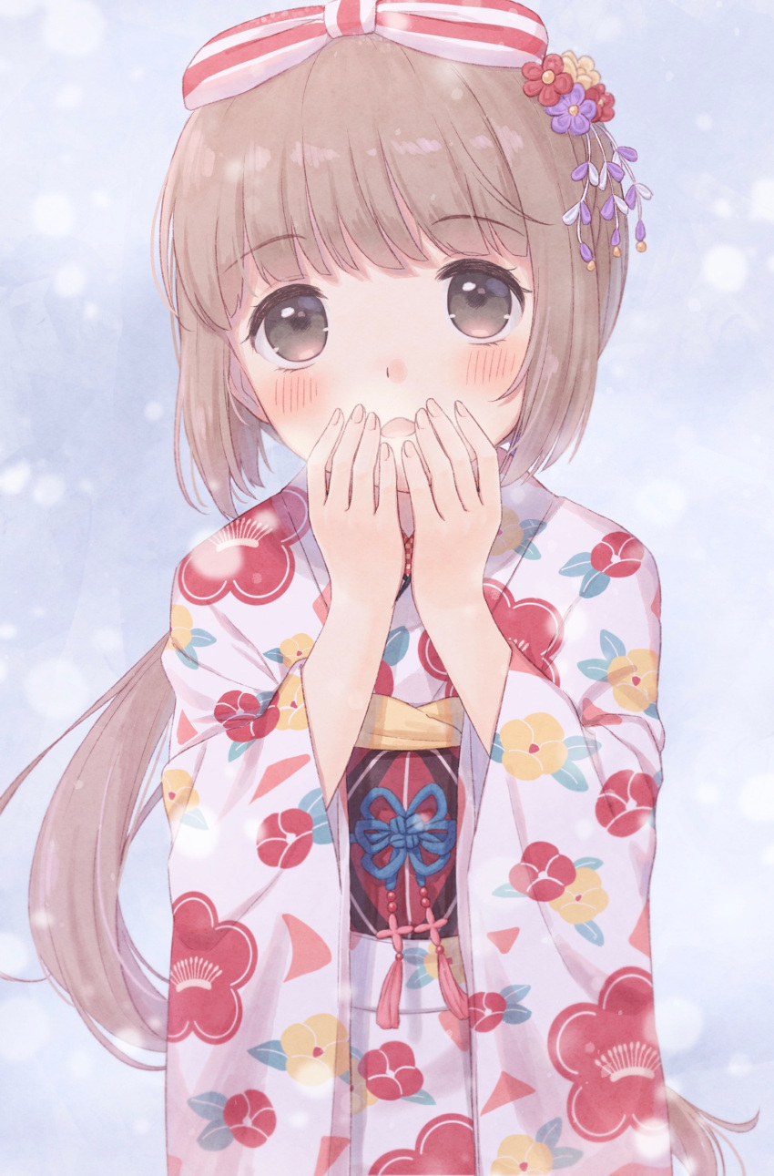 1girl bangs blush bow breathing_on_hands brown_eyes brown_hair commentary_request eyebrows_visible_through_hair floral_print flower hair_bow hair_flower hair_ornament hands_up highres idolmaster idolmaster_cinderella_girls japanese_clothes kazane_mari kimono long_hair long_sleeves looking_at_viewer obi parted_lips print_kimono purple_flower red_flower sash solo striped striped_bow very_long_hair white_kimono wide_sleeves yorita_yoshino