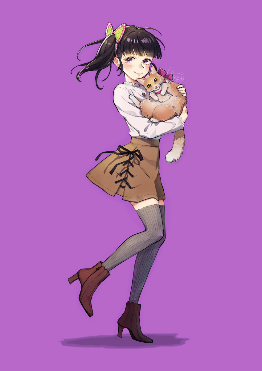 1girl absurdres animal bangs black_hair blunt_bangs blush brown_footwear brown_skirt butterfly_hair_ornament cat contemporary full_body grey_legwear hair_ornament high_heels highres holding holding_animal holding_cat kimetsu_no_yaiba leg_up long_hair long_sleeves looking_at_viewer piroshiki123 purple_background shadow shirt shirt_tucked_in side_ponytail signature simple_background skirt smile solo standing thigh-highs tsuyuri_kanao violet_eyes white_shirt