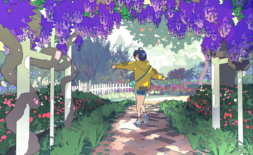 1girl dark_blue_hair flower full_body grass hair_over_one_eye hood hoodie looking_at_viewer ooto_ai outdoors outstretched_arms path plant purple_flower short_hair shorts solo taracod triangle_hair_ornament wisteria wonder_egg_priority yellow_hoodie