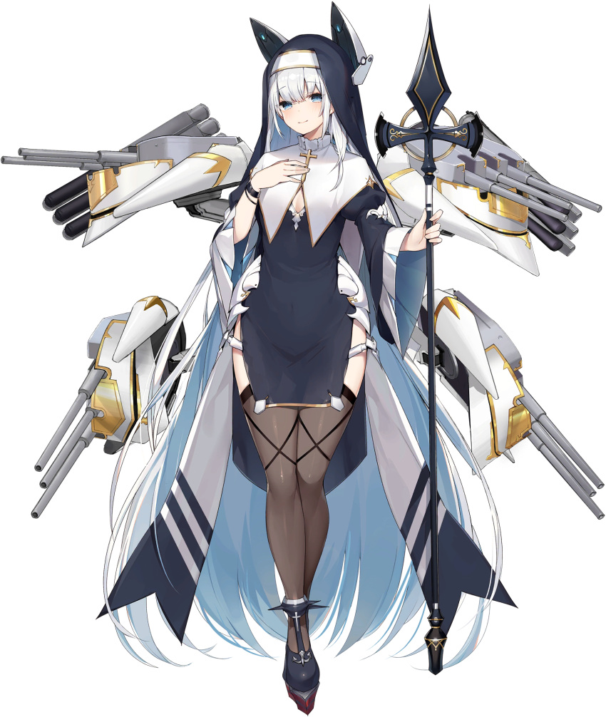 1girl artist_request bangs belfast_(blue_oath) black_dress black_legwear blue_eyes blue_oath blush breasts cross dress eyebrows_visible_through_hair habit hand_on_own_chest headgear highres holding holding_spear holding_weapon long_hair medium_breasts nun official_art pelvic_curtain polearm rigging smile solo spear thigh-highs transparent_background weapon white_hair wide_sleeves