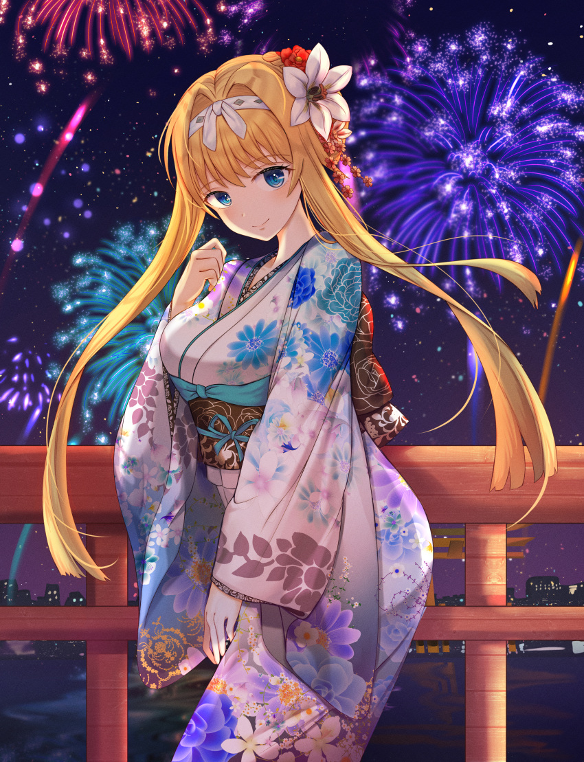 1girl absurdres aerial_fireworks alice_zuberg bangs blonde_hair blue_eyes blush breasts closed_mouth commentary_request fireworks floral_print flower flower_request hair_flower hair_intakes hair_ornament hand_up highres huge_filesize japanese_clothes kimono large_breasts lnji_(rnlwls34) long_hair long_sleeves looking_at_viewer night night_sky obi outdoors print_kimono railing red_flower sash sky skyline smile solo star_(sky) starry_sky sword_art_online white_flower wide_sleeves yukata