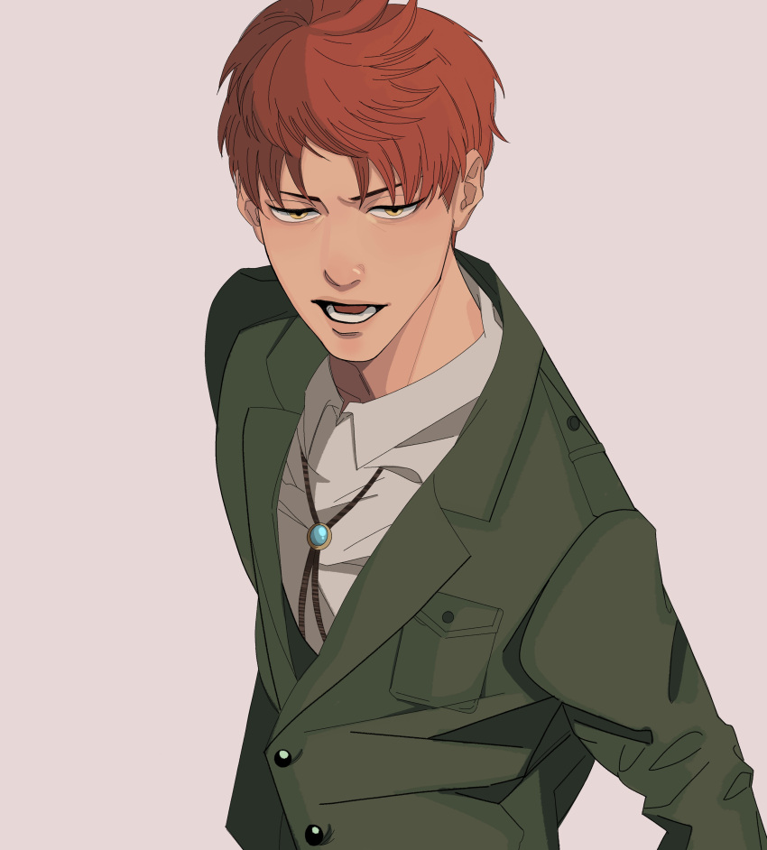1boy absurdres amulet coat collared_shirt floch_forster green_coat highres jacket jewelry long_coat looking_at_viewer male_focus necklace open_mouth redhead shingeki_no_kyojin shirt short_hair simbbaba solo yellow_eyes