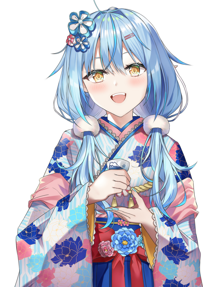1girl :d ahoge atora bangs bell blue_kimono blue_nails blue_ribbon blush cup elf eyebrows_visible_through_hair floral_print hair_between_eyes hair_ornament hair_over_shoulder hairclip hands_up heart_ahoge highres holding holding_cup holofive hololive japanese_clothes kimono long_hair long_sleeves looking_at_viewer low_twintails multicolored_hair nail_polish obi open_mouth pointy_ears print_kimono ribbon sakazuki sash simple_background smile snowflake_print solo tail teeth twintails very_long_hair virtual_youtuber white_background wide_sleeves yagasuri yellow_eyes yukihana_lamy